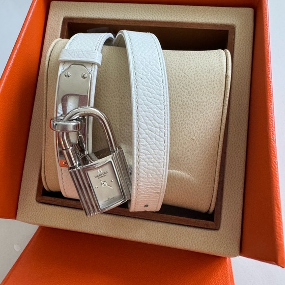 Hermes White Leather Bracelet with Silver Padlock